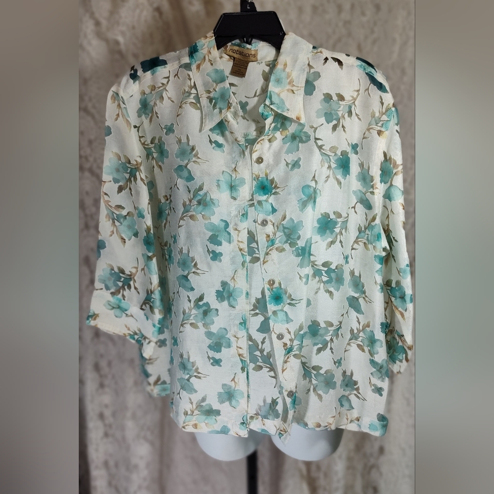 Notations Teal Green and Cream Floral Top. Butnout Design Nwot